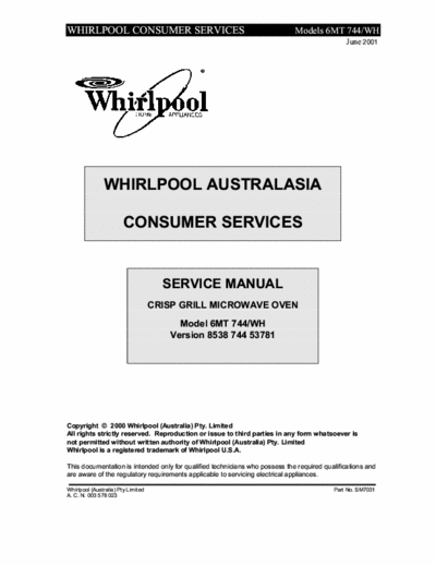 whirlpool 6MT744IX whirlpool 6MT744IX  service manual